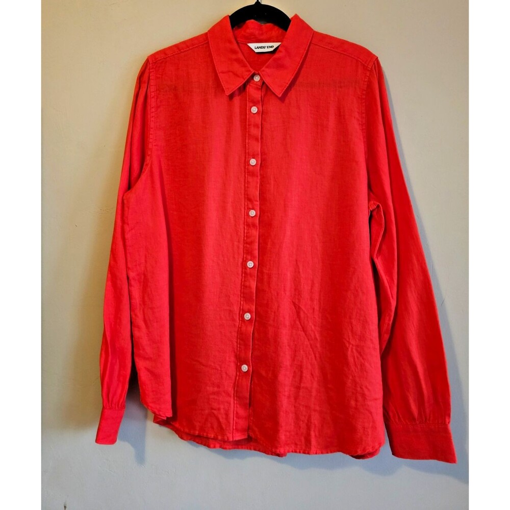 Lands End Linen Button Up Tunic Shirt Sz L Tall 100% linen NWOT Red Coral